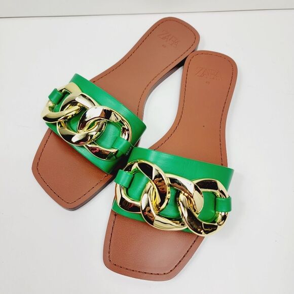 ZARA GREEN METAL CHAIN FLAT SANDALS Size 40 US9 - Picture 2 of 9